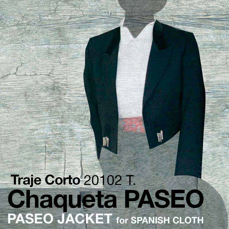 Casaco preto curto com botões dourados e texto promocional