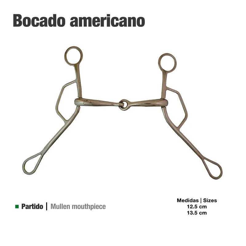 Bocado americano partido de metal com anéis circulares e bocados articulados.