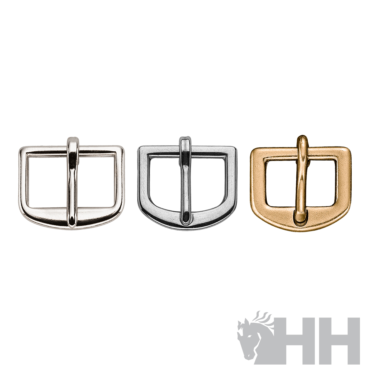 Três fivelas quadradas metálicas em cores prata clara, prata escura e dourado
