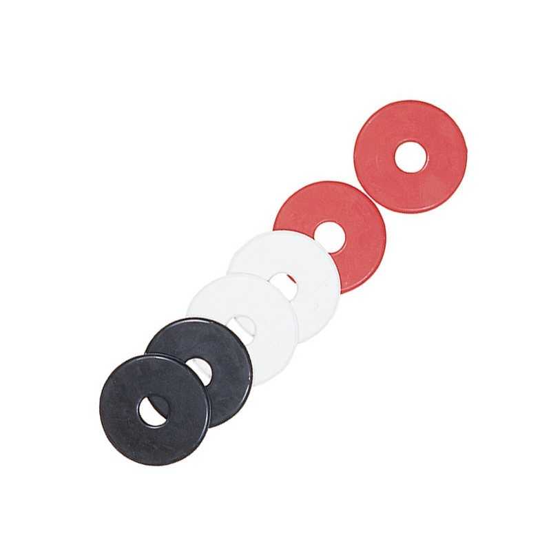 Seis anilhas plásticas vermelhas, brancas e pretas em forma circular com buraco central