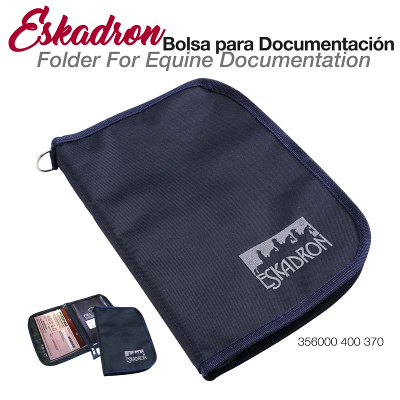 Pasta preta ESKADRON para documentação equestre com rebordo azul escuro