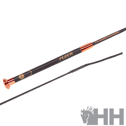 Rédea para equitação preta com detalhes em cobre e texto FLECK