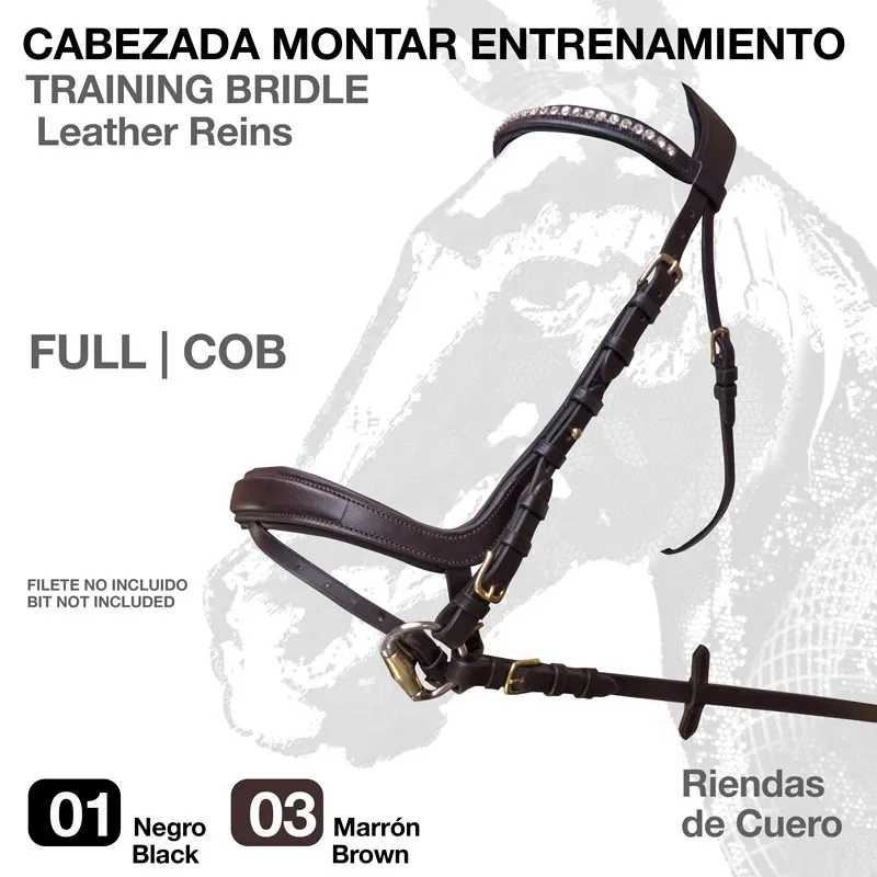 Cabeçada de couro preto ou castanho para montar cavalos com fivelas metálicas