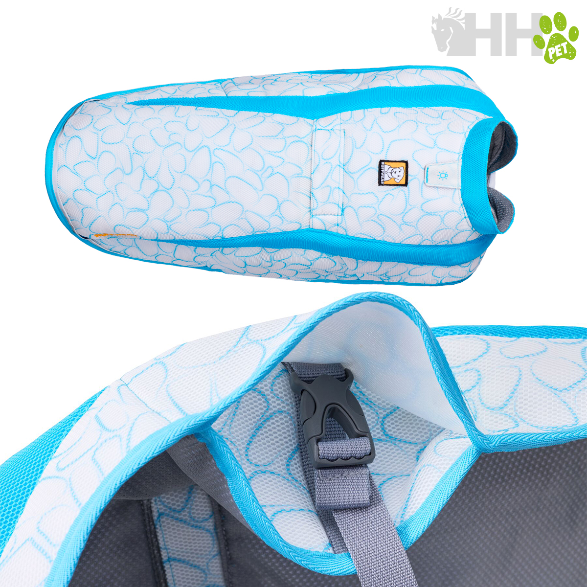 Colete acolchoado para cão branco com padrão azul e fecho cinza