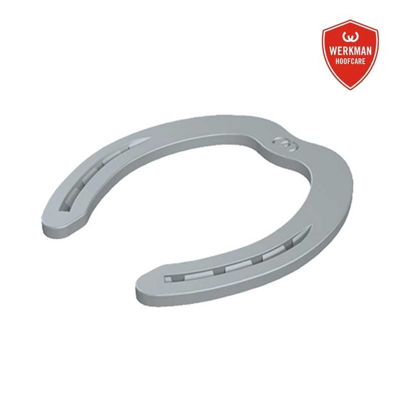 Ferradura cinza com ranhuras e logótipo Werkman Hoofcare