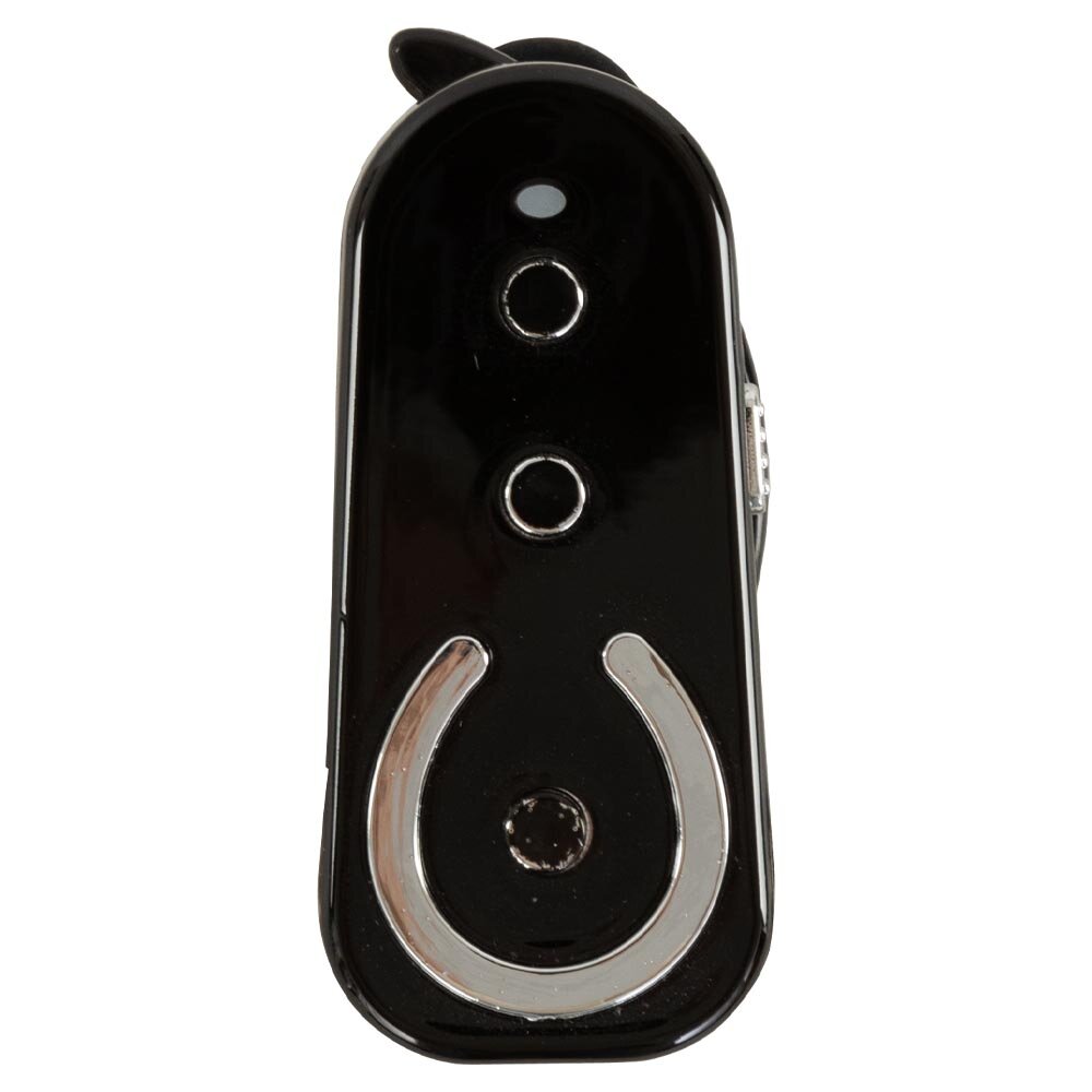 Comando remoto preto com dois botões circulares e detalhe prateado