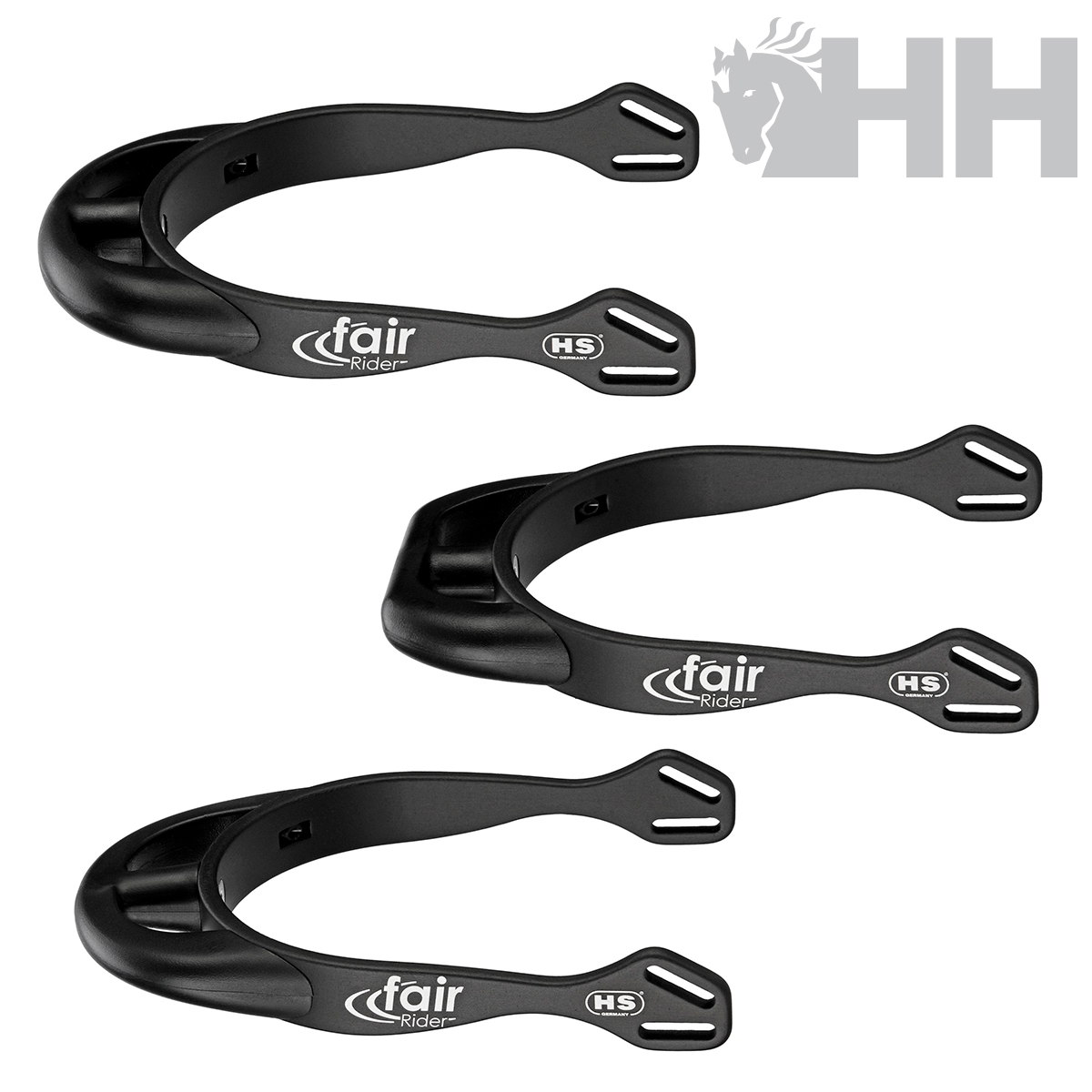 Três esporas pretas Fair Rider HS em fundo branco com logotipo de cavalo cinza