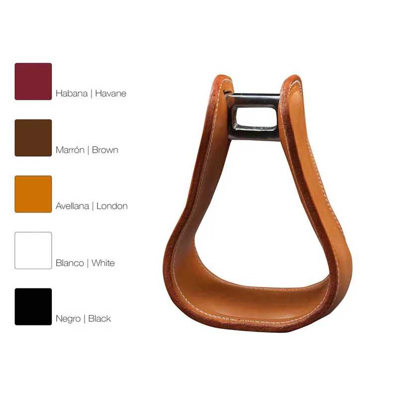 Estribo de couro na cor Avellana com paleta de cores à esquerda e fundo branco