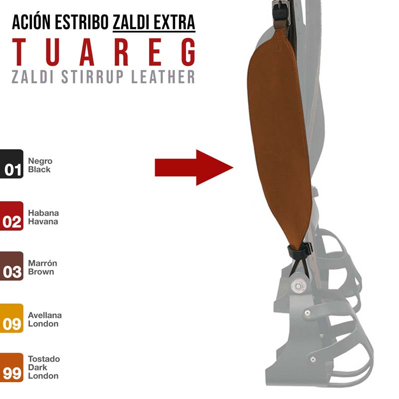 Estribo de couro ZALDI EXTRA TUAREG na cor Tostado Dark London com tabela de opções de cores