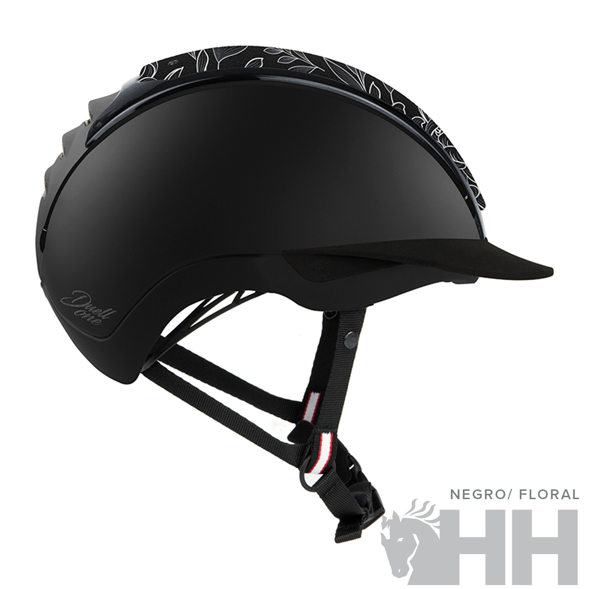 Capacete preto mate para equitação com tira floral e visor rígido