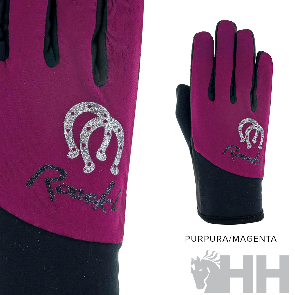 Luvas roxas com padrão de ferraduras brancas e palavra 'Rooster' em preto