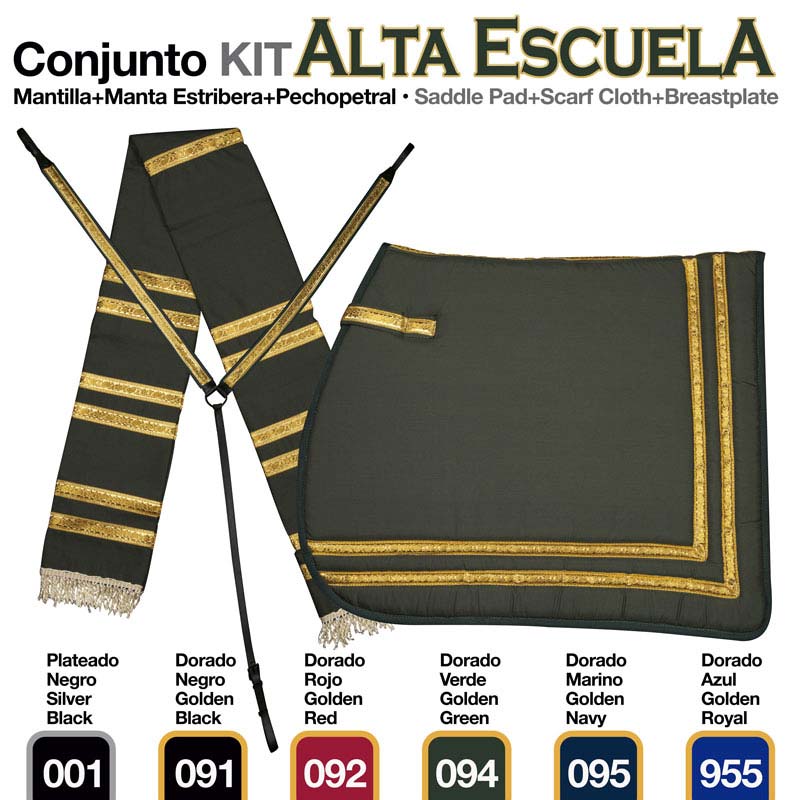 Conjunto kit Alta Escuela com manta, mantilha e pechopetral preto com detalhes dourados