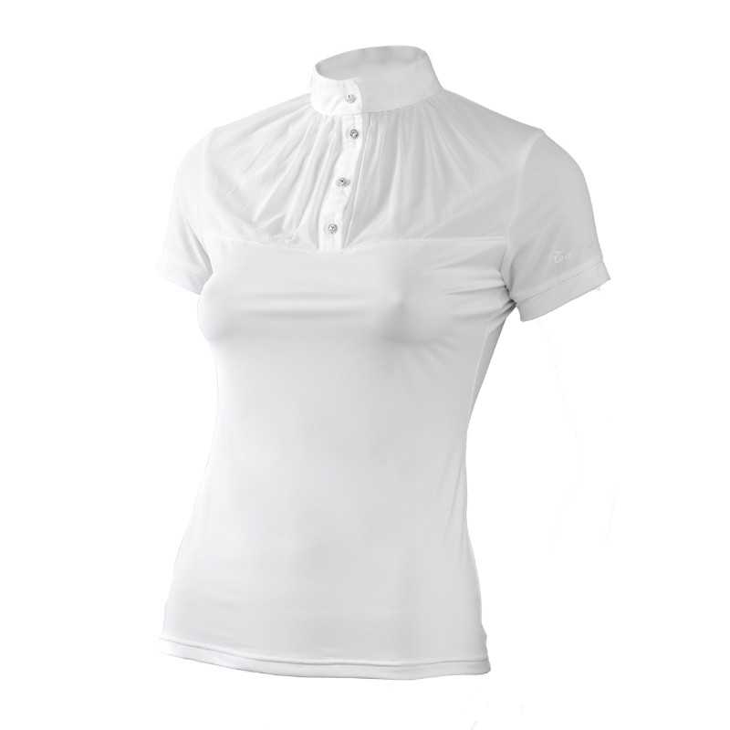 Camisola branca feminina de manga curta com gola alta e botões