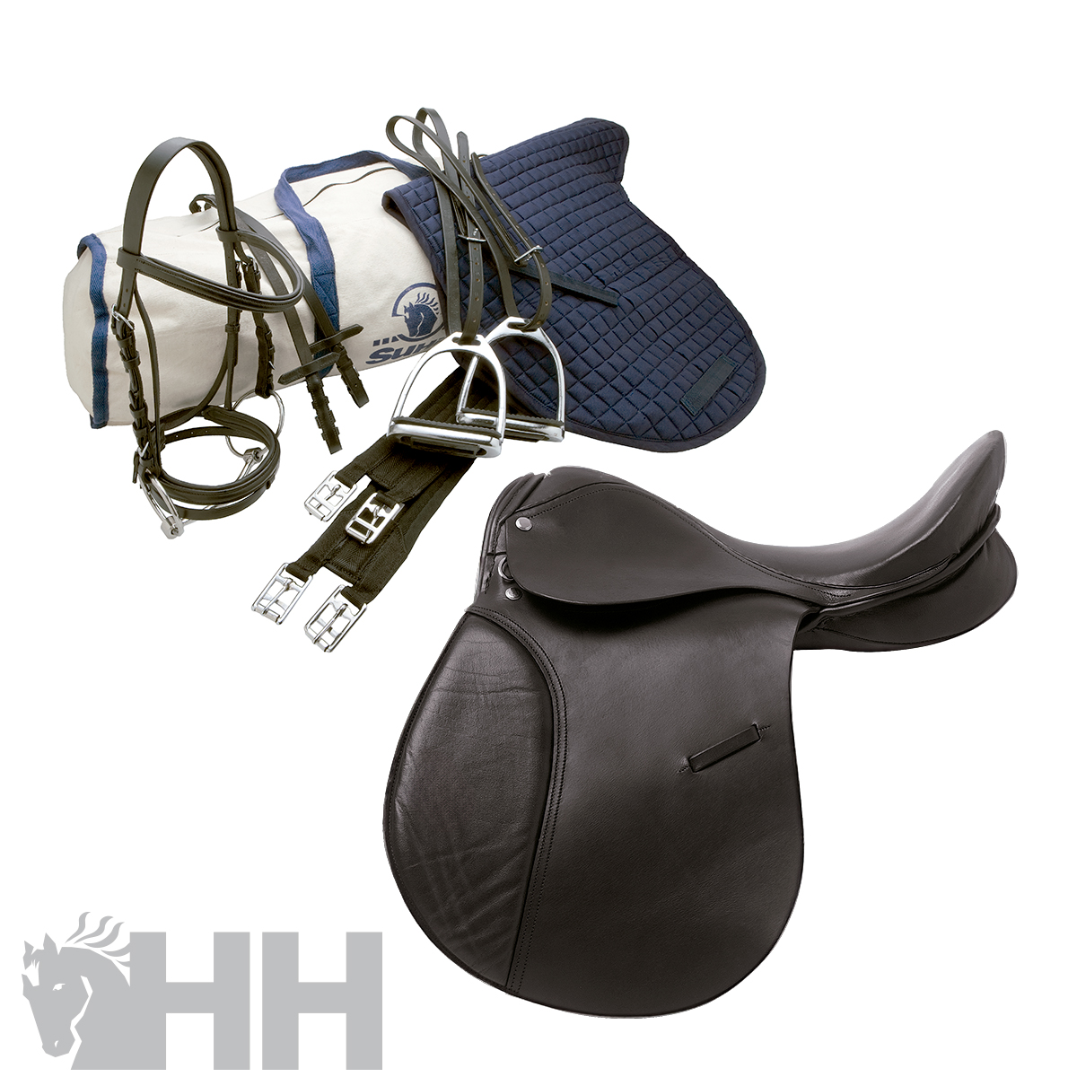 Conjunto equestre com sela preta, applaço azul escuro, cabresto e cincha pretos