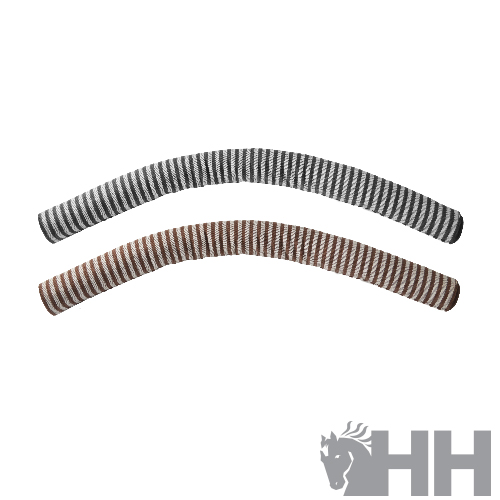 Dois protetores de cabos riscas cinza e castanho sobre fundo branco com logo HH