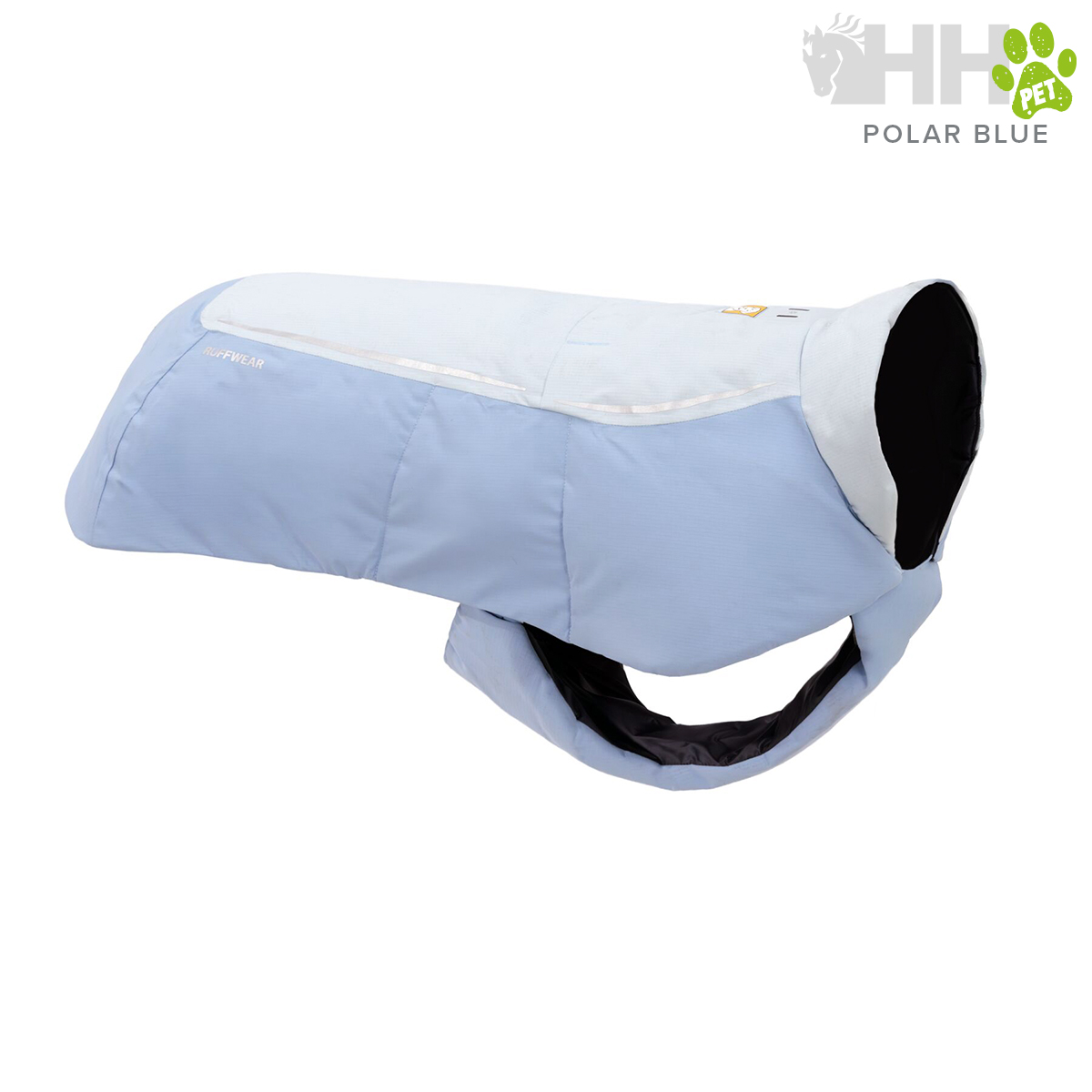 Casaco azul claro acolchoado para cão com texto RUFFWEAR