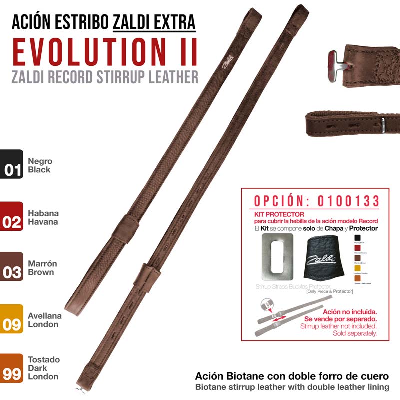 Acções para estribos de couro Biotane com duplo forro em várias cores e kit protector para fivela