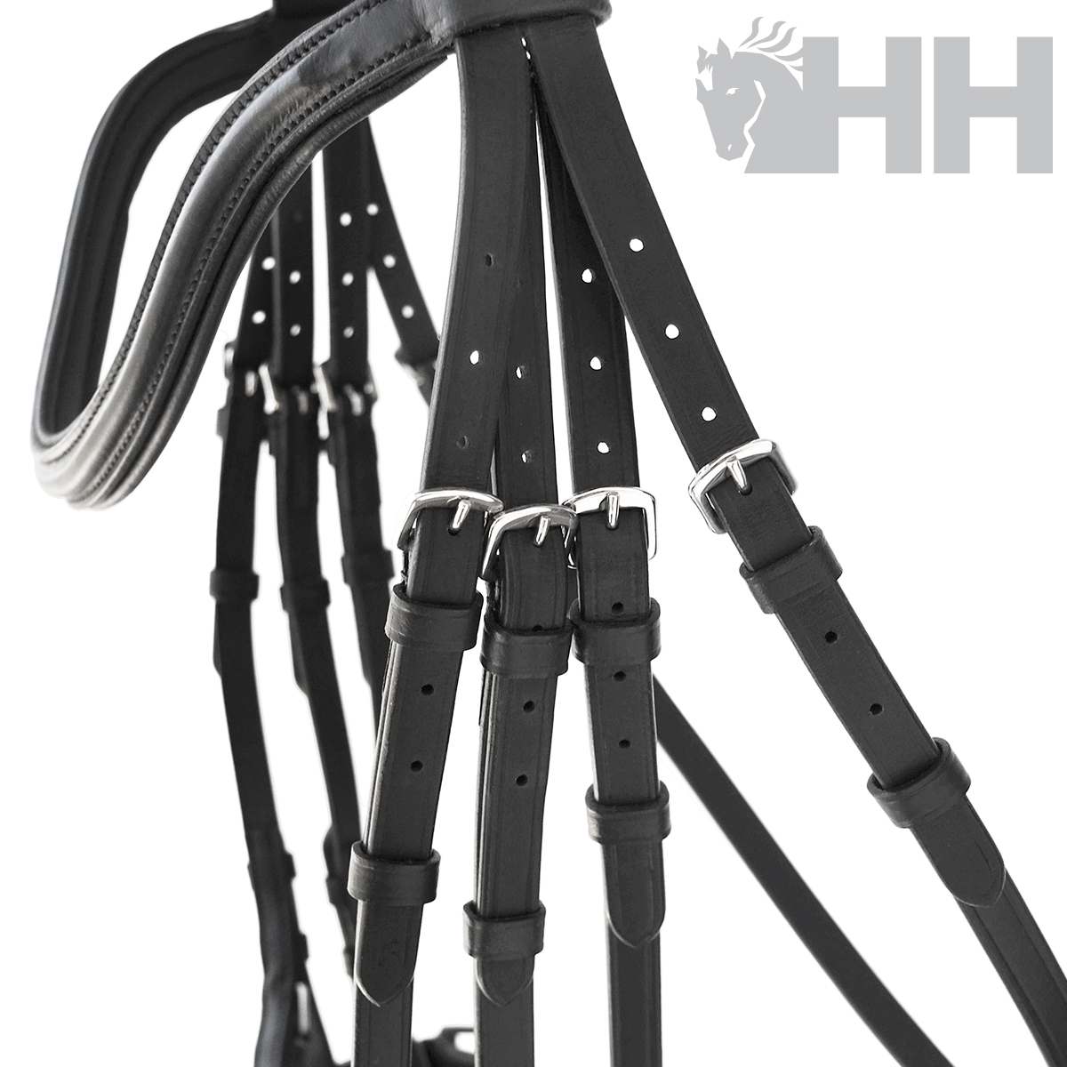 Bridão de equitação preto em couro com fivelas prateadas