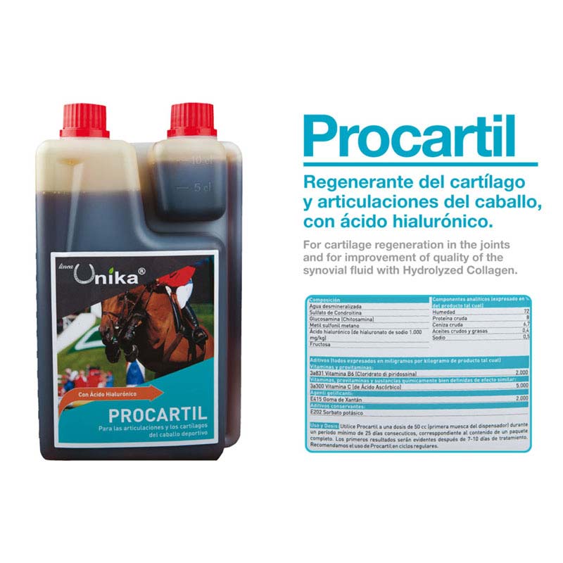 Embalagem de líquido ProcArtil para cavalos, com rótulo azul e vermelho