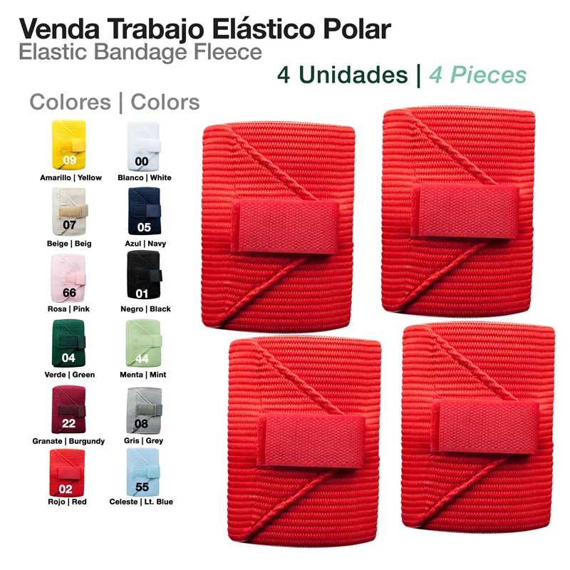 Quatro vendas elásticas vermelhas com fecho de velcro em fundo branco