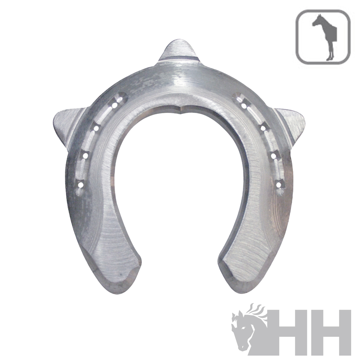 ferradura metálica prateada para cavalo com orifícios e design diferenciado