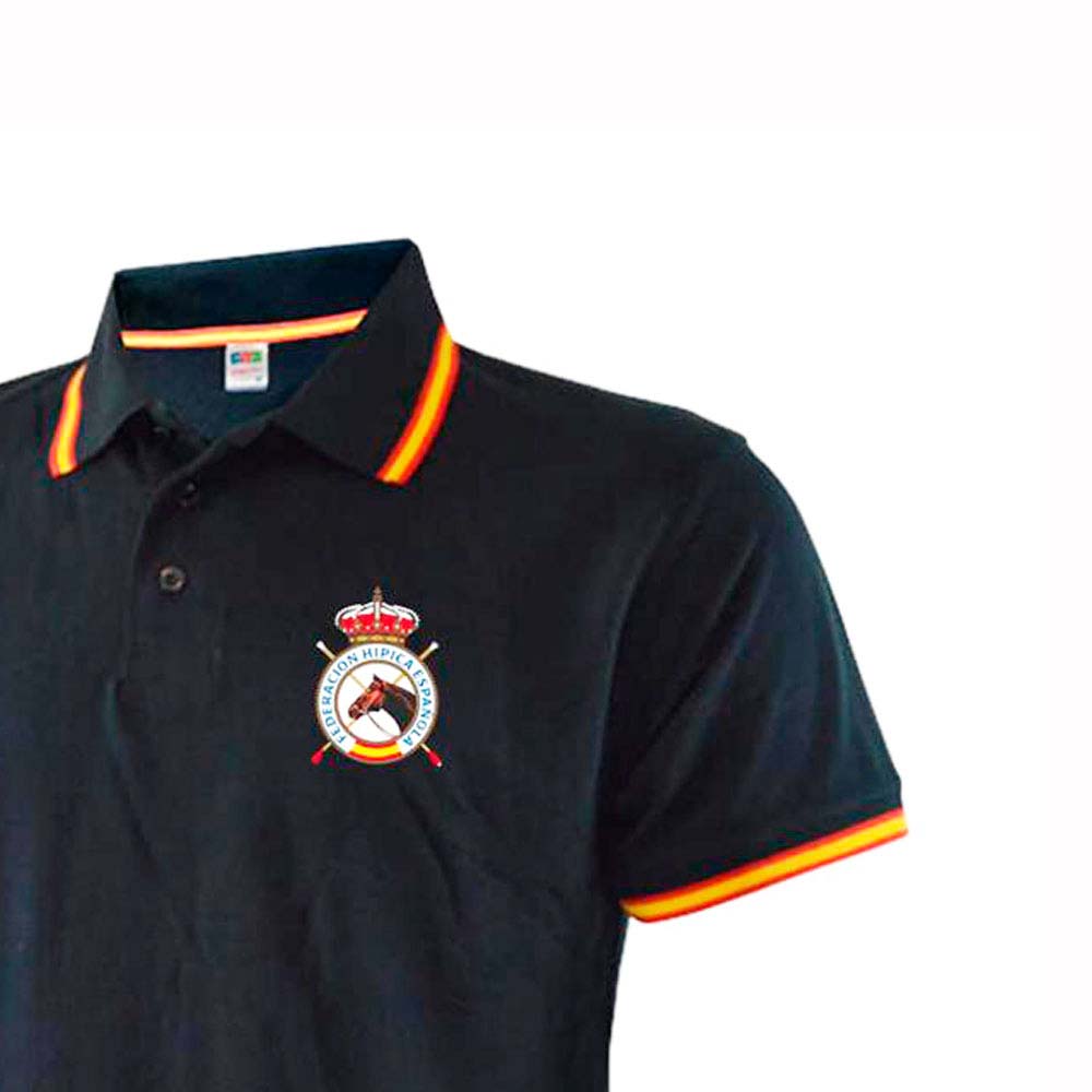 Polo preto com gola e mangas às riscas e bordado colorido com emblema e texto