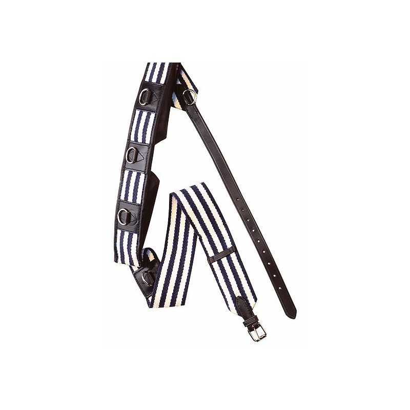 Cinto riscas azul e branco com fivela metálica e couro preto