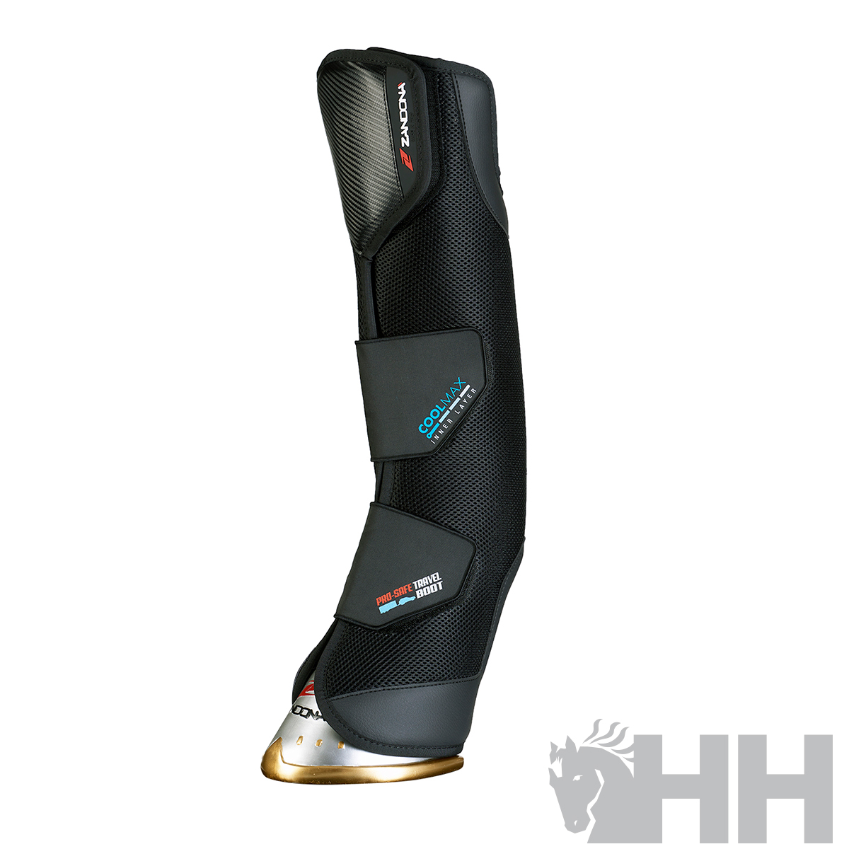 Protetor preto para casco e perna de cavalo com rodas douradas e etiquetas textuais