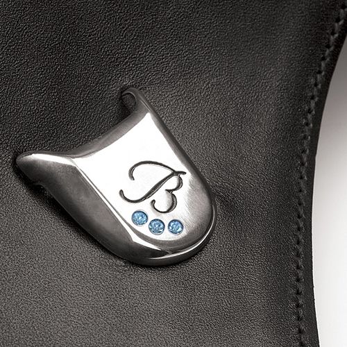 Detalhe de artigo em pele preta com emblema metálico prateado e brilhantes azuis