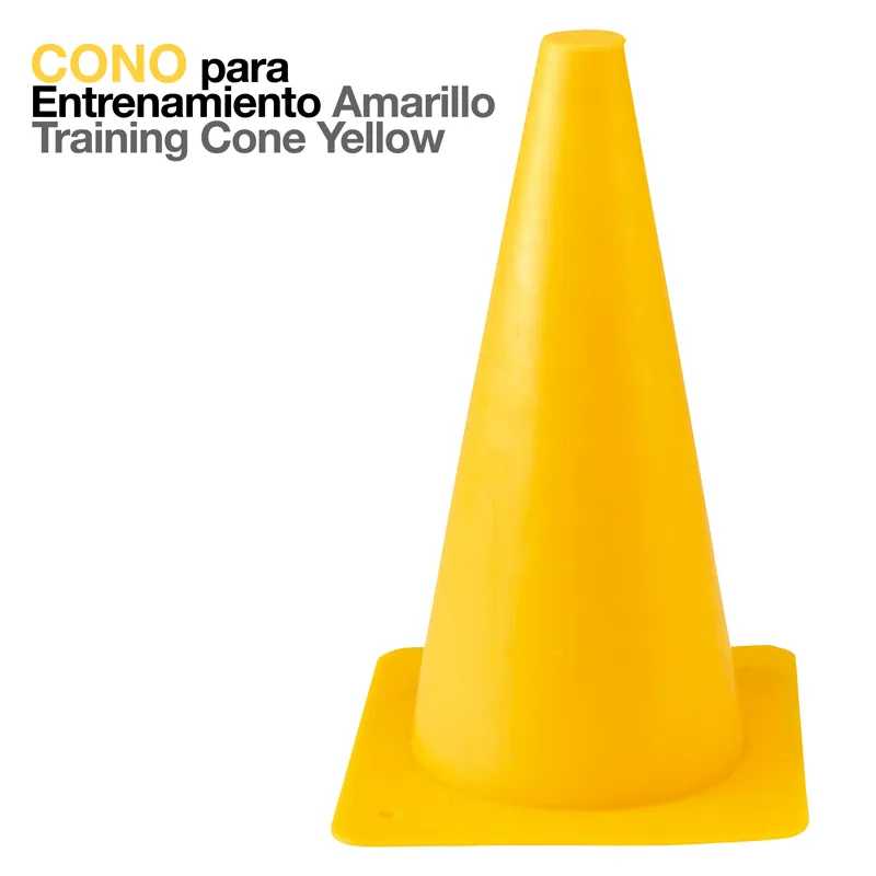 Cone de treino amarelo em plástico com texto ao lado