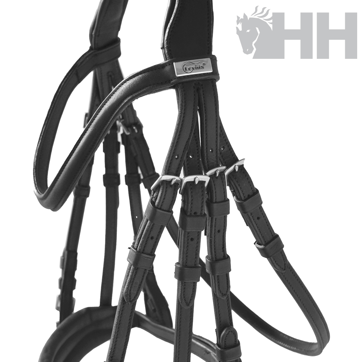 Cabresto equino de couro preto com fivelas metálicas prateadas