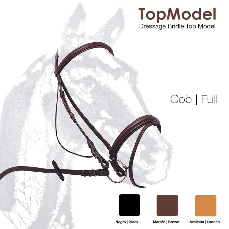 Rédea de equitação TopModel com desenho de cabeça de cavalo e opções de cores negro, castanho e castanho claro.