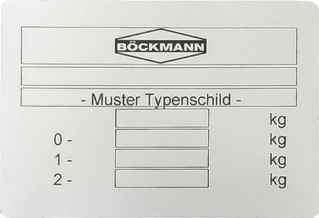 Placa metálica com texto da marca BÖCKMANN e campos para peso em kg.