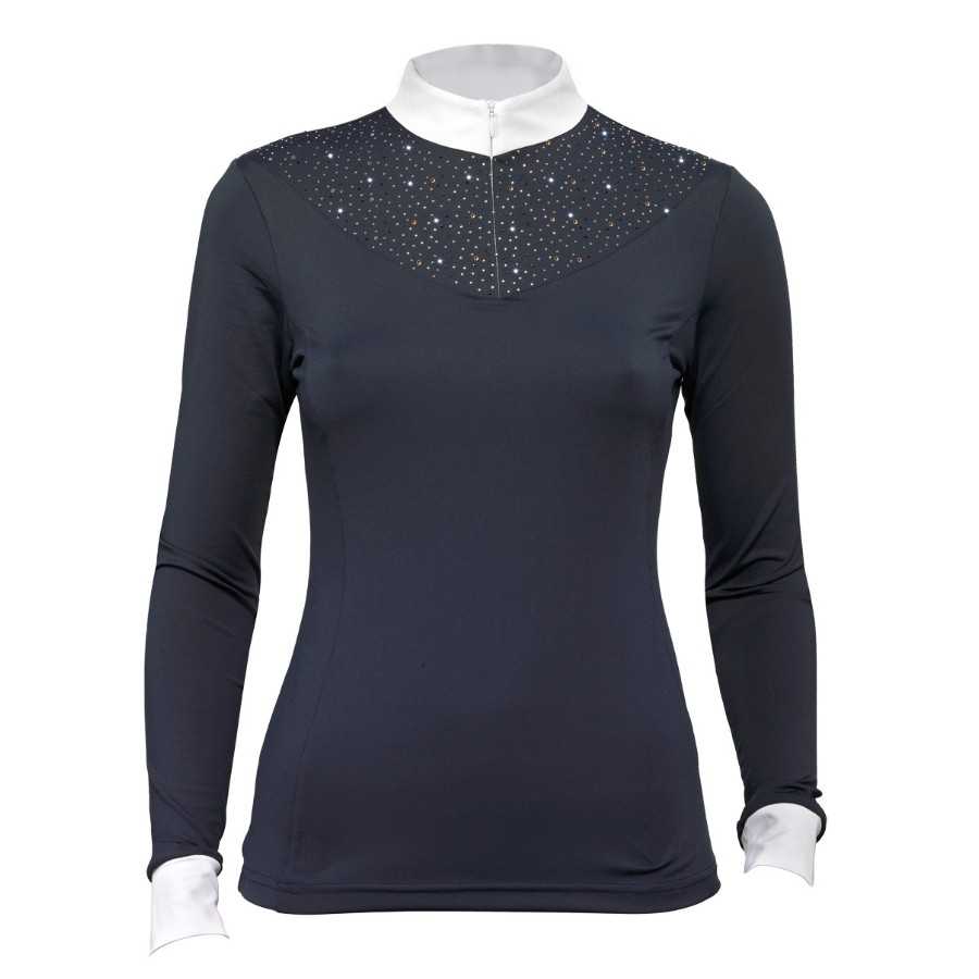 Blusa feminina preta com gola alta branca e aplicações brilhantes prateadas na parte superior