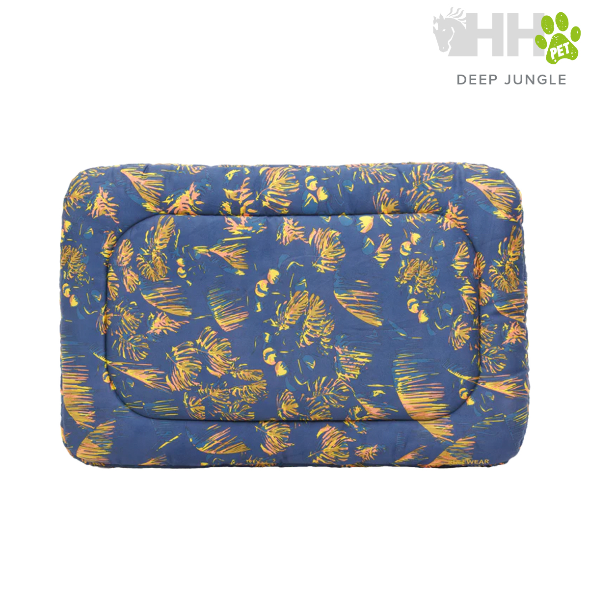 Colchão azul para animais com padrão de folhas laranja e amarelas