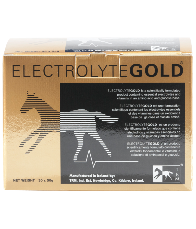 Caixa dourada do ELECTROLYTE GOLD com texto branco e preto e imagem de cavalo branco