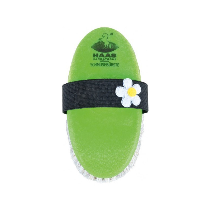 Escova verde para animais com alça preta e flor decorativa