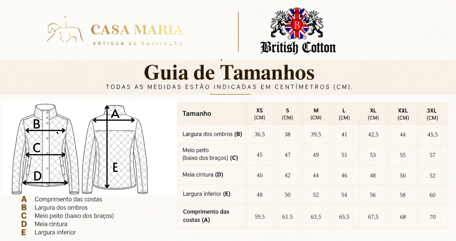 Guia de tamanhos para casaco acolchoado feminino com medidas em centímetros e esquema ilustrativo.