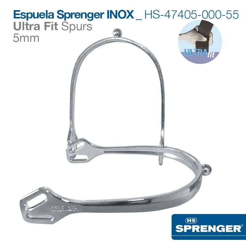Espuela metálica prateada Sprenger INOX de 5mm com texto e logótipo.