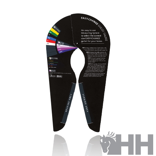 Guia de medida para selins com cores e texto explicativo em inglês