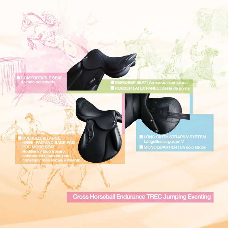 sela de equitação preta com detalhes e texto explicativo