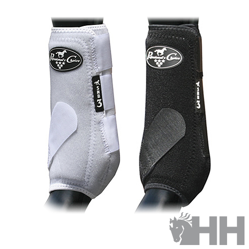 Dois protetores de pernas para cavalo, um cinza e outro preto, com etiquetas visíveis