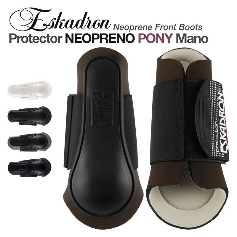 Botas frontais de neopreno preto e castanho para pônei Eskadron com protetores em plástico branco e preto
