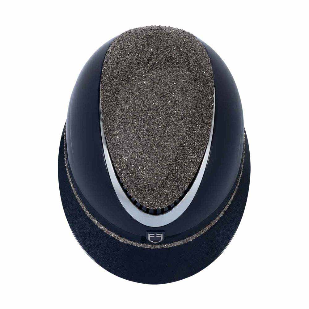 Capacete de equitação azul escuro com parte superior brilhante cinza