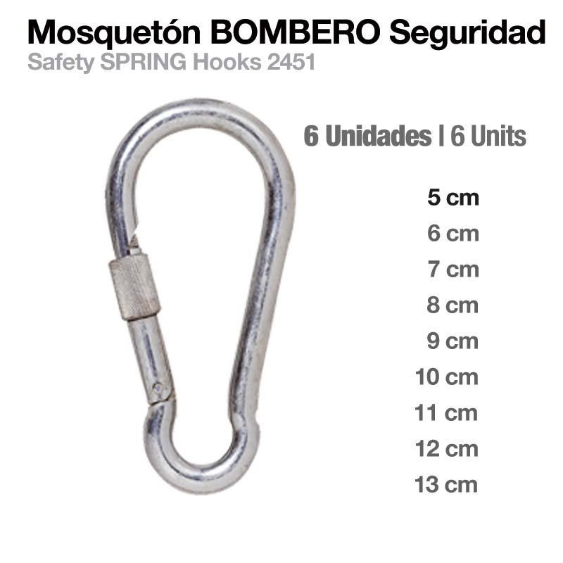 Imagem de um mosquetão metálico prateado com texto explicativo e tamanhos listados ao lado.