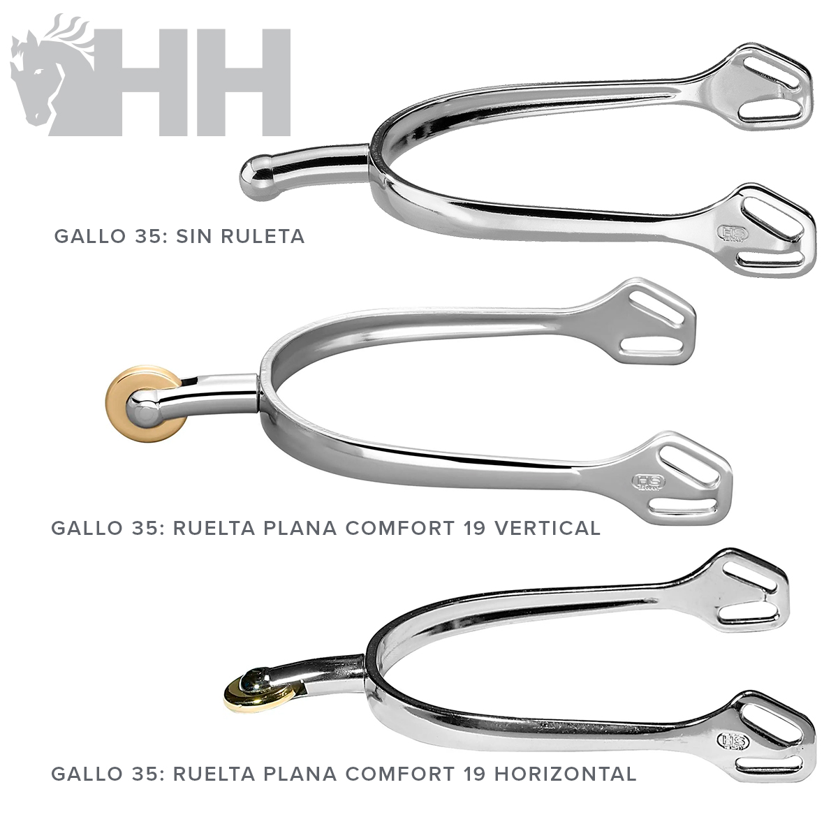 Três esporas metálicas brilhantes com diferentes designs e texto identificativo