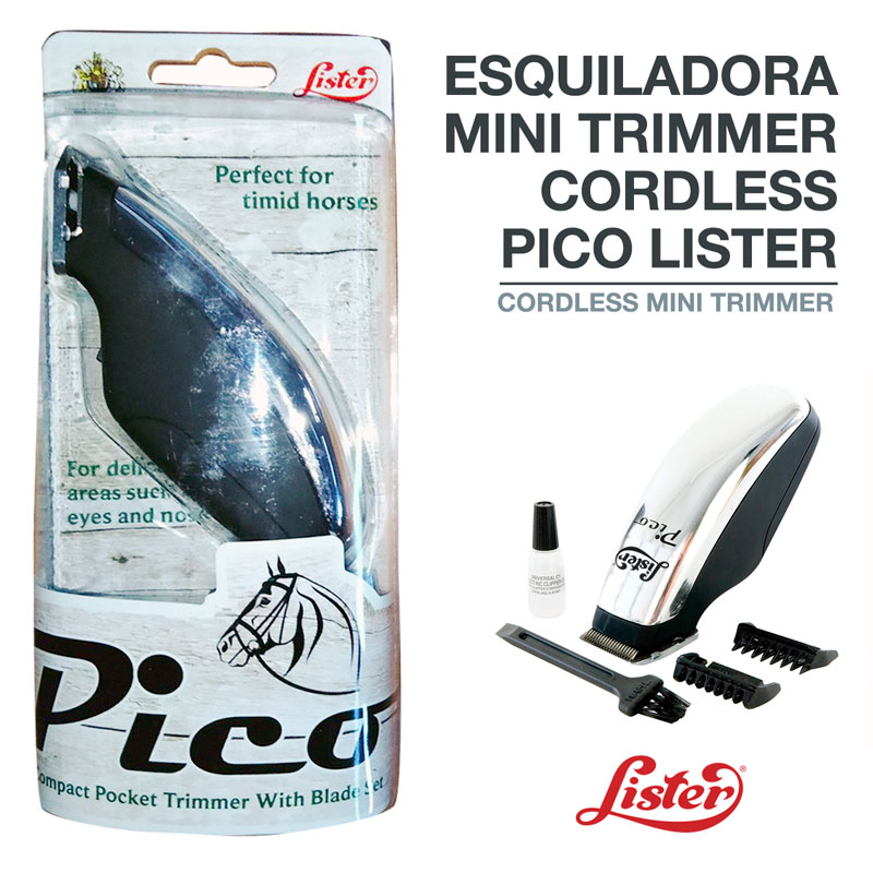 Esquilhadora mini trimmer preta e branca com acessórios e embalagem transparente.