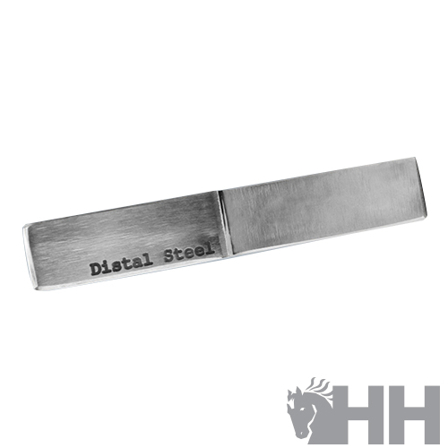 Aparelho metálico com texto Distal Steel sobre fundo branco e logótipo HH