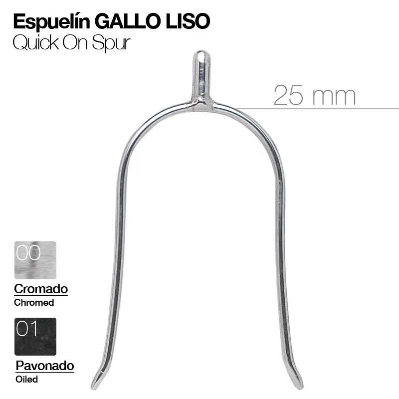 Espuelín GALLO LISO de metal com 25 mm, em cromado ou pavonado, apresentado em fundo branco