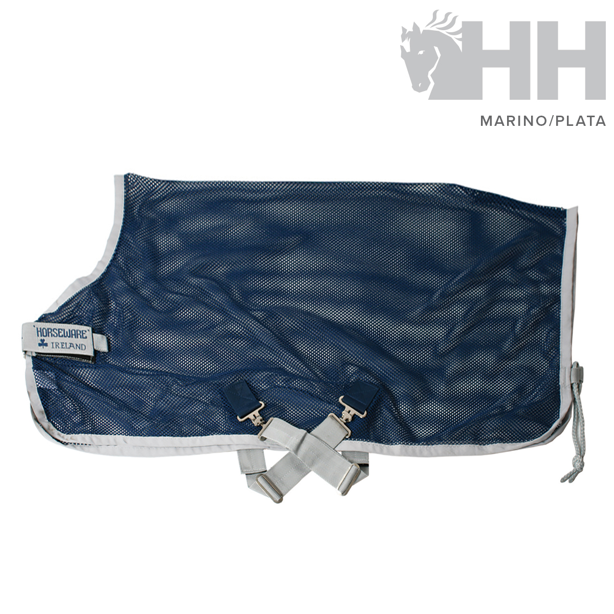 Coberta para cavalo azul-marinho com bordas cinza e presilhas metálicas